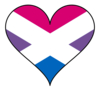 A heart filled with the Scottish saltire recoloured like a bisexual pride flag.